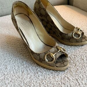 Gucci Brown Peep Toe Wedge Shoes